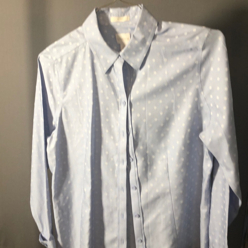Light blue and white polka dot top